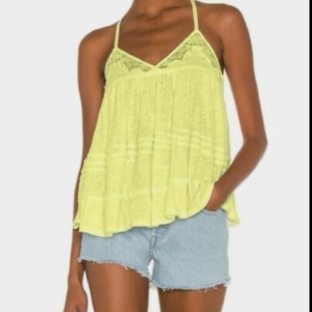 Free People Sweet Pea Lace Flowy  tank cami neon yellow green